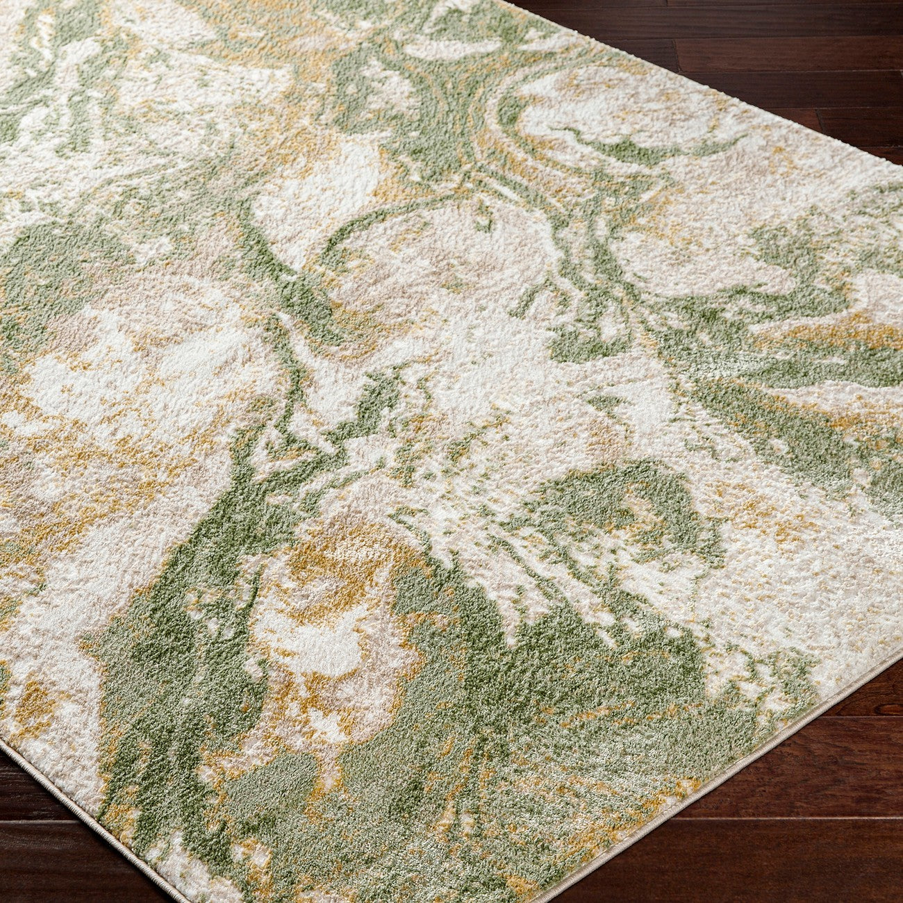 OCTAVIA Abstract Modern Marble Moss Green Area Rug Corner