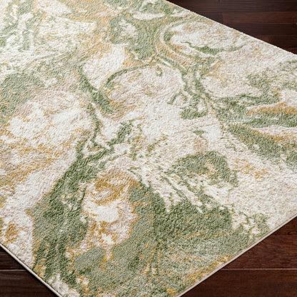 OCTAVIA Abstract Modern Marble Moss Green Area Rug Corner