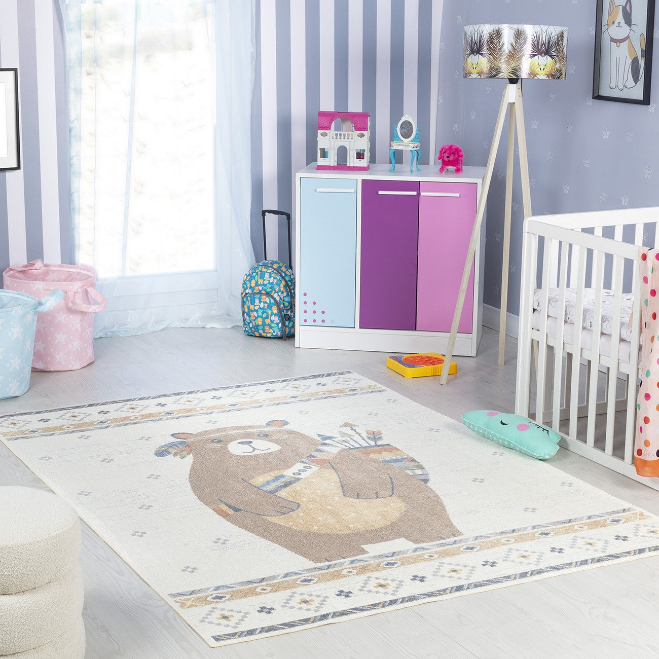 OURSIGENE Machine Washable Beige/Brown Kids Room Rug Roomscene