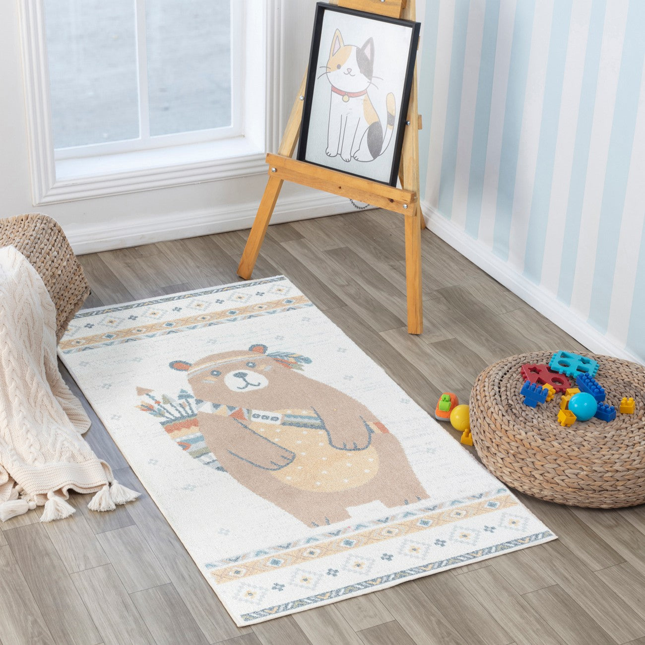OURSIGENE Machine Washable Beige/Brown Kids Room Rug Roomscene