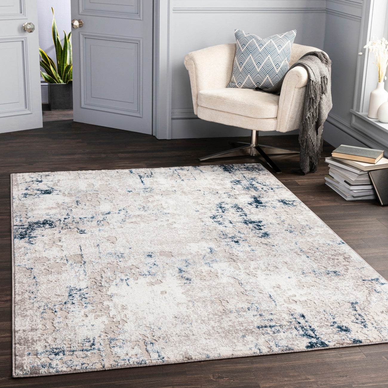 PARKER Abstract Modern Marble Dark Blue Area Rug Roomscene