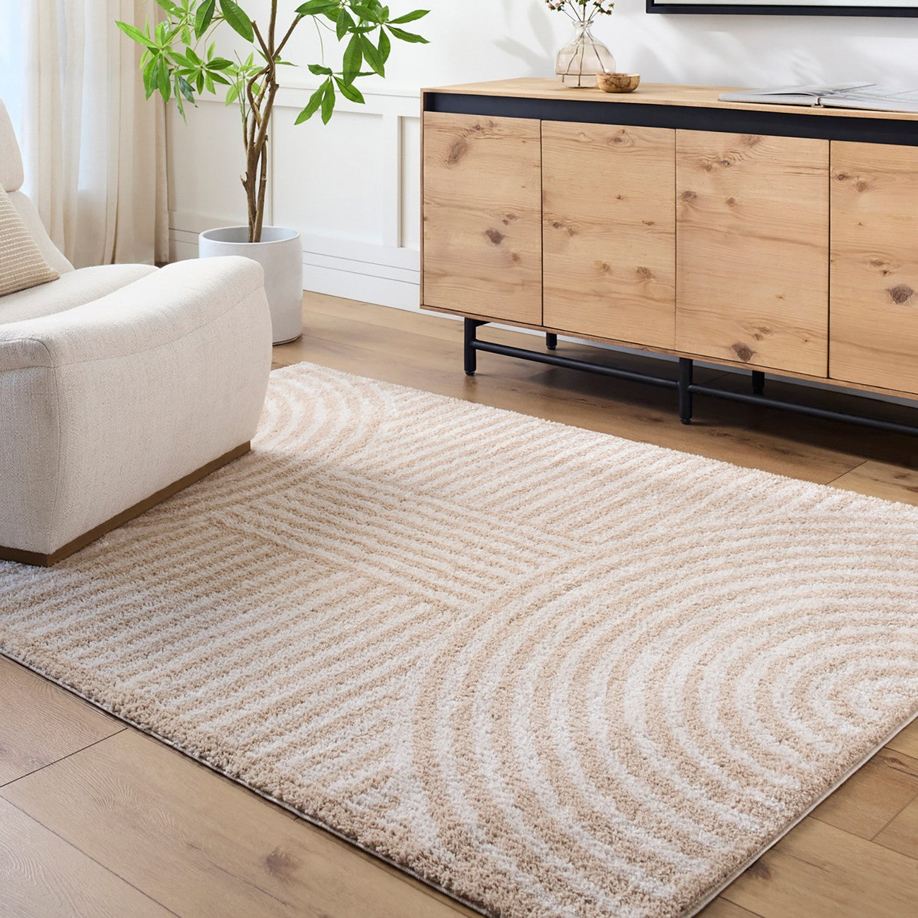 PAULINE Machine Washable Modern Shaggy Beige Area Rug Roomscene