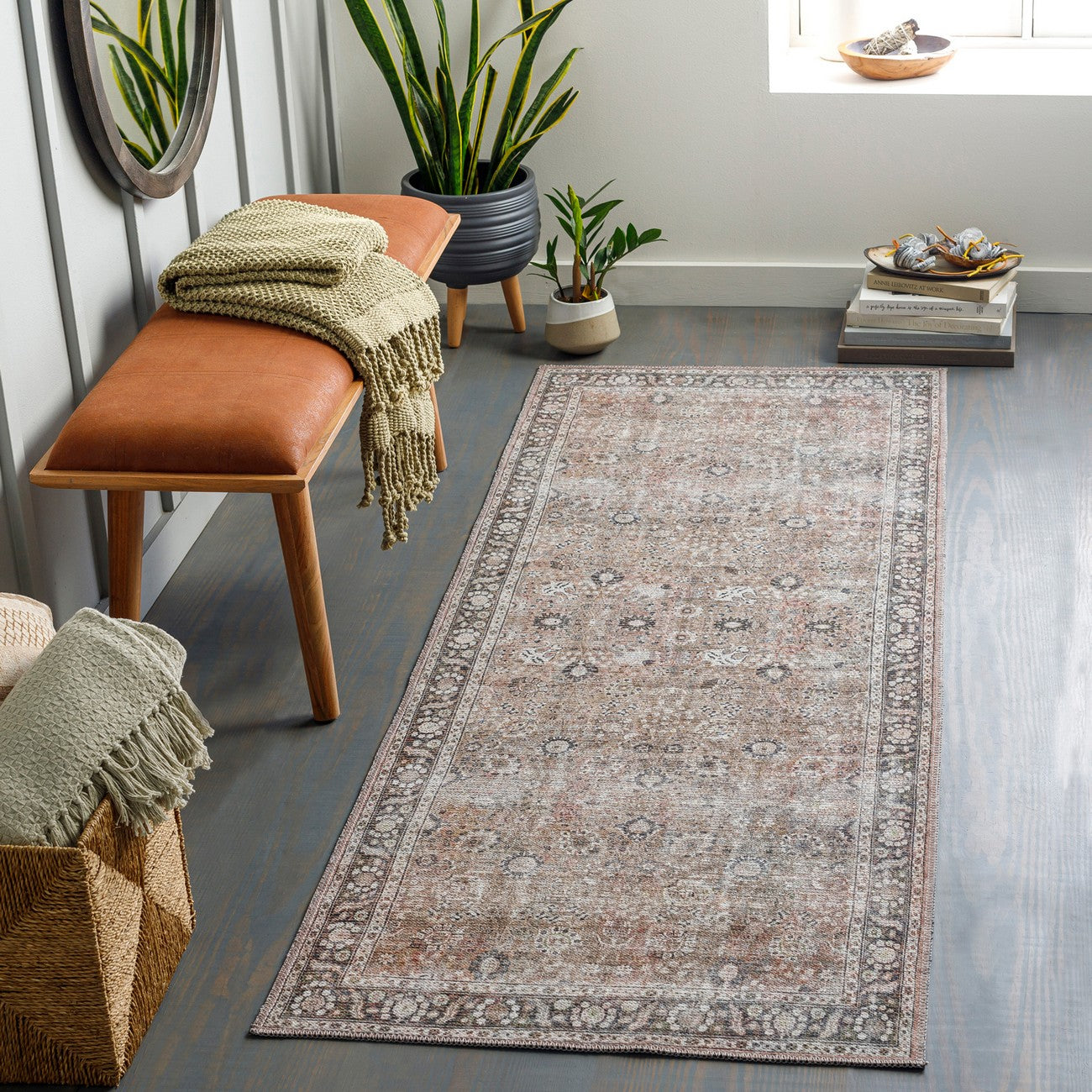 PEYTON Machine Washable Traditional Boho Brown Area Rug Roomscene