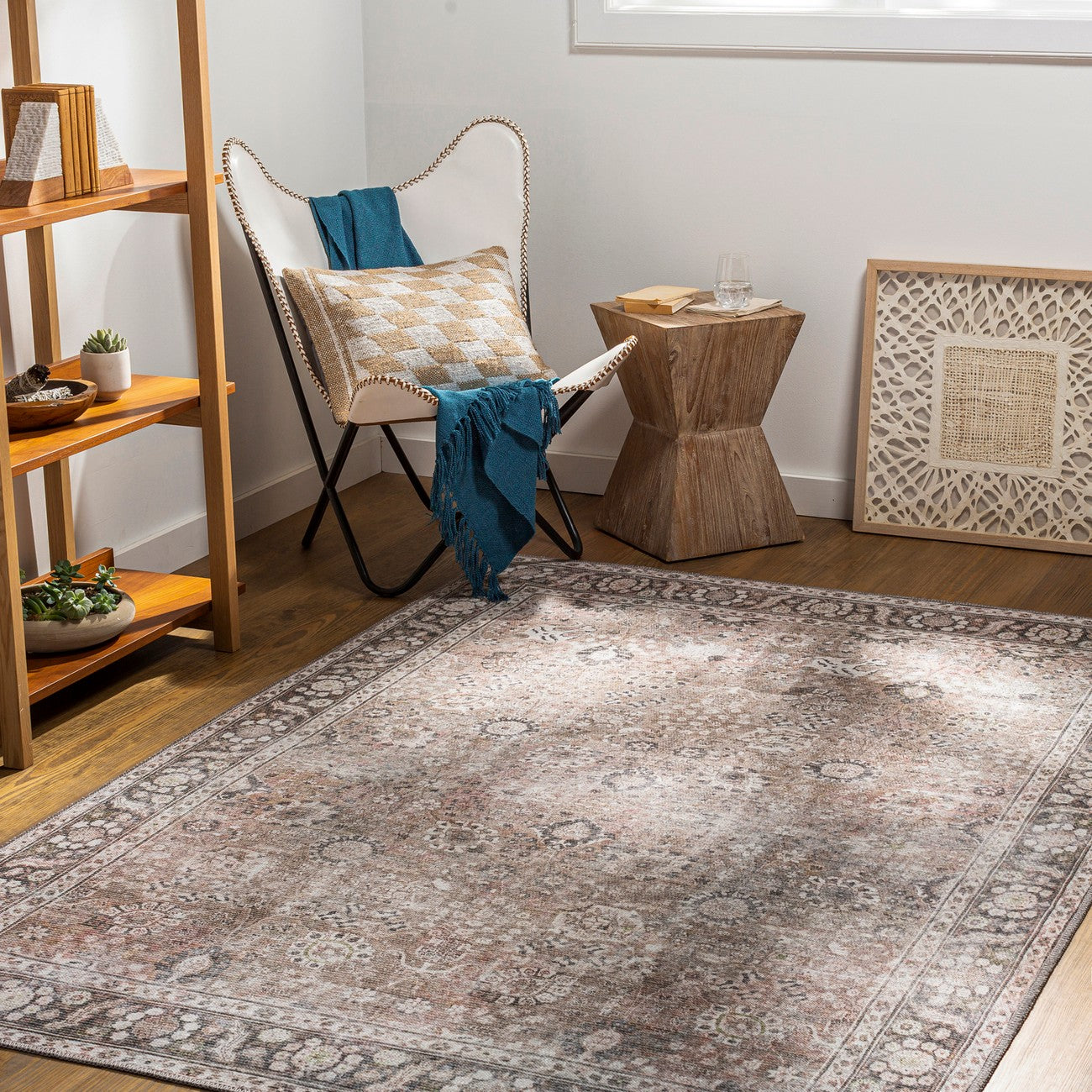PEYTON Machine Washable Traditional Boho Brown Area Rug Roomscene