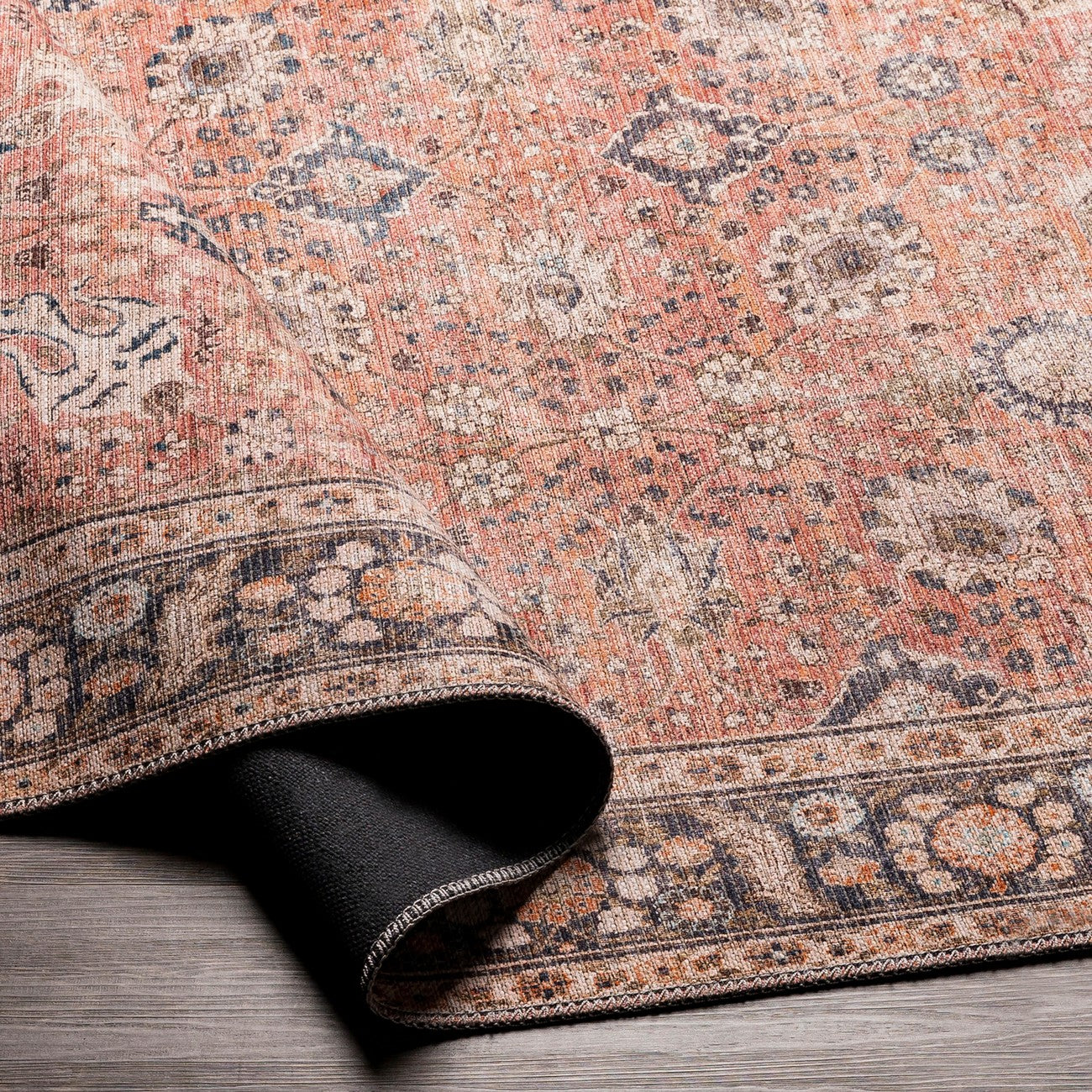 PEYTON Machine Washable Traditional Boho Burnt Orange Area Rug Fold