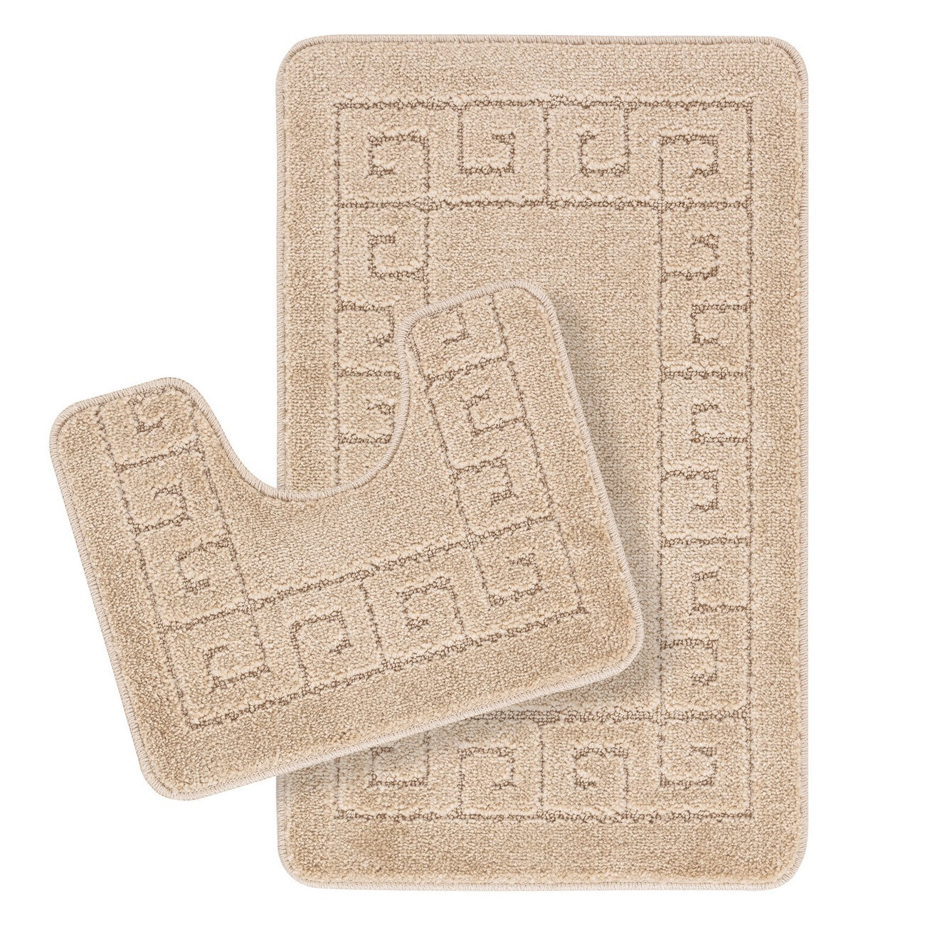 POPPY 2 Piece Machine Washable Non-Slip Beige Bathroom Rug Set Flat