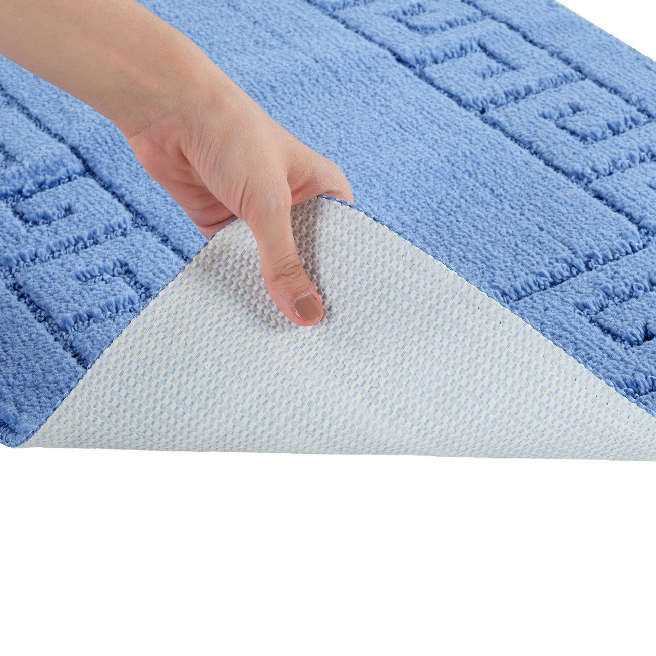 POPPY 2 Piece Machine Washable Non-Slip Blue Bathroom Rug Set Detail