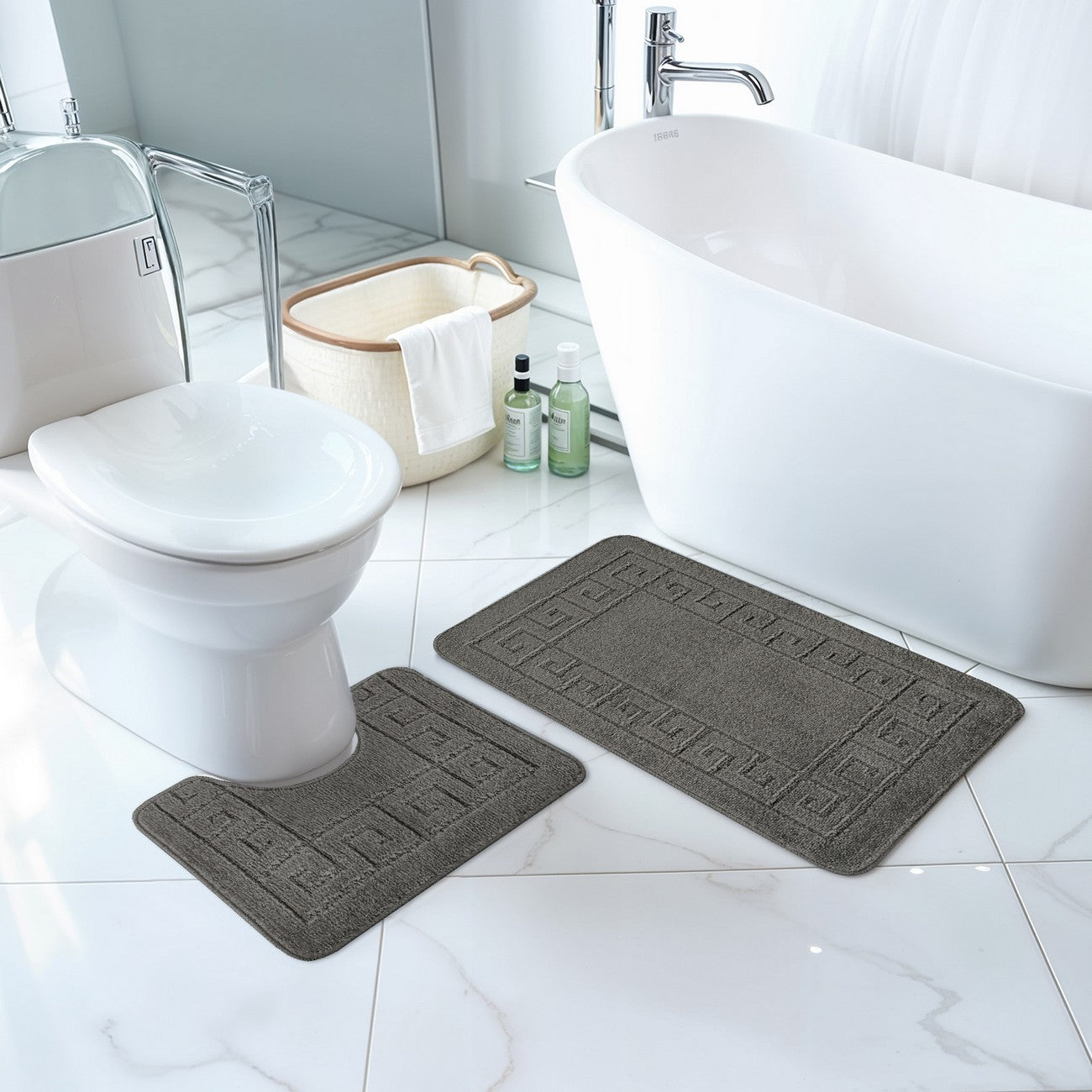 POPPY 2 Piece Machine Washable Non-Slip Dark Grey Bathroom Rug Set Roomscene