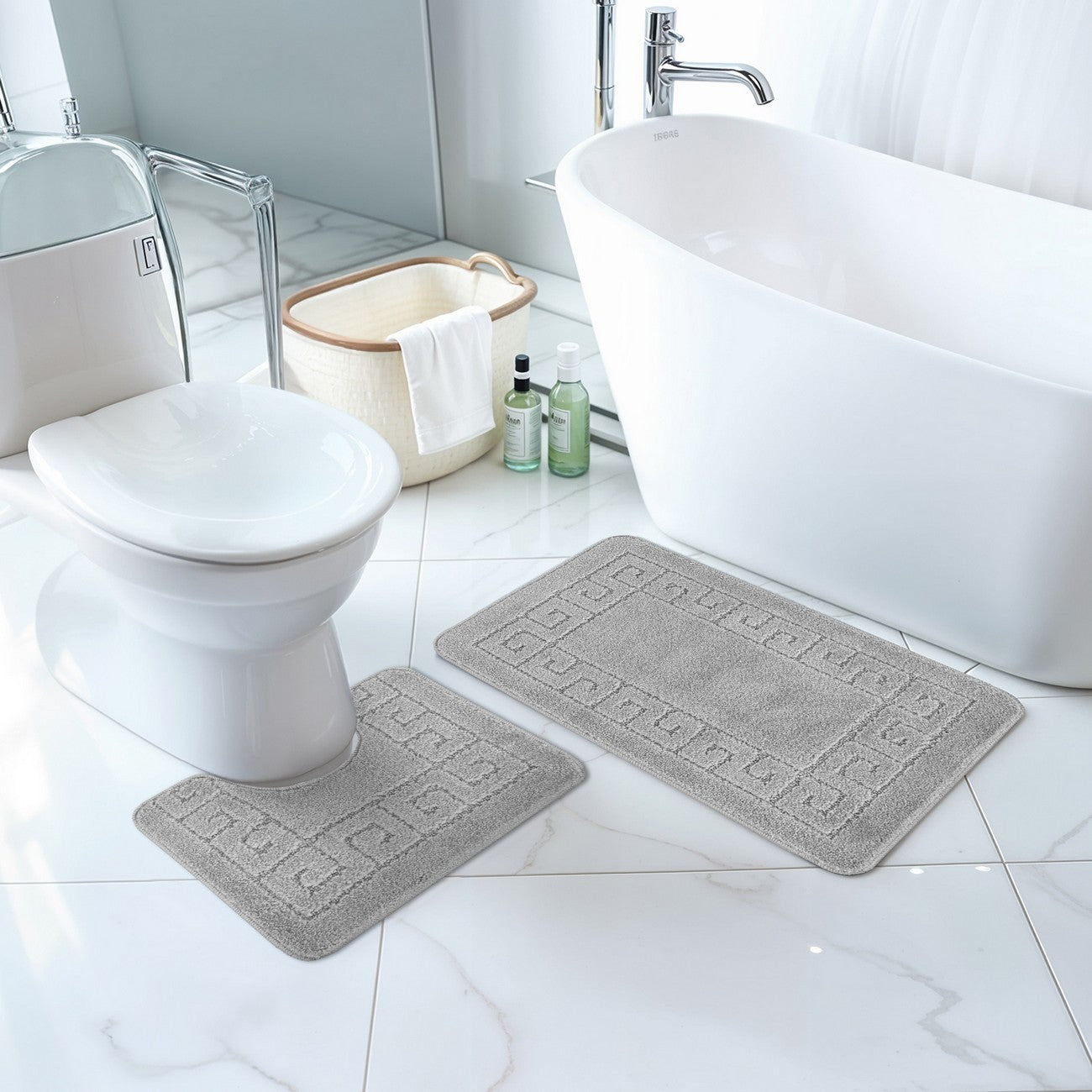 POPPY 2 Piece Machine Washable Non-Slip Grey Bathroom Rug Set Roomscene
