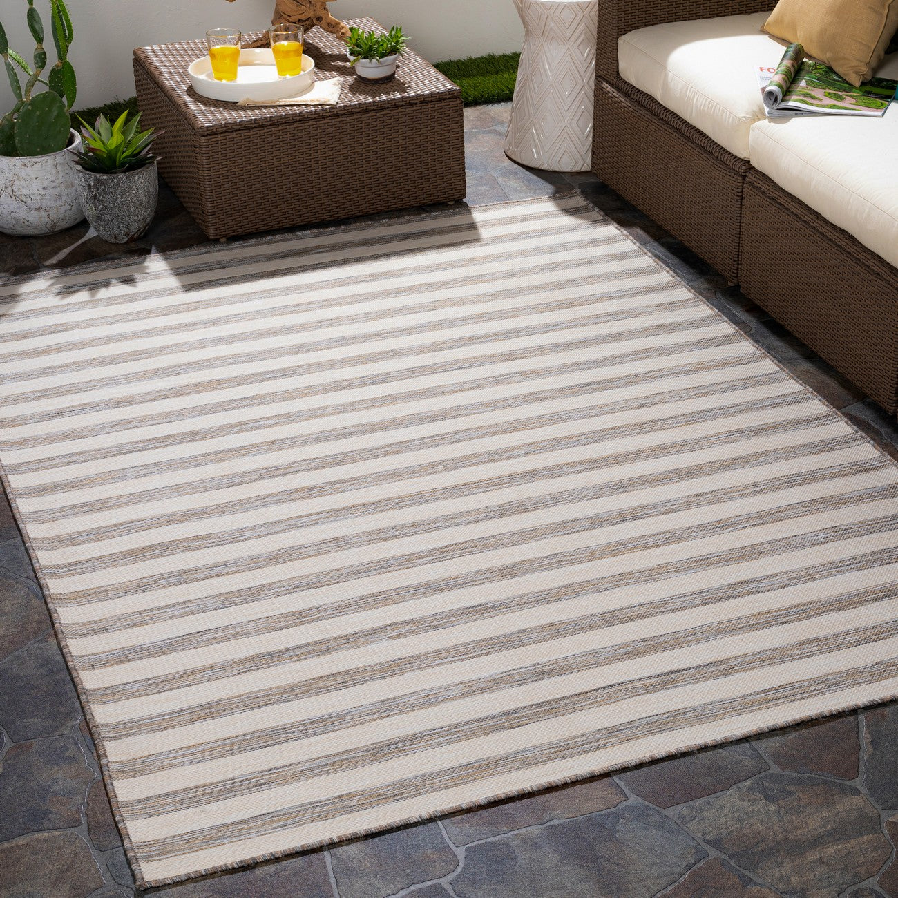 ZAKI Indoor & Outdoor Cottage Beige Striped Area Rug Roomscene