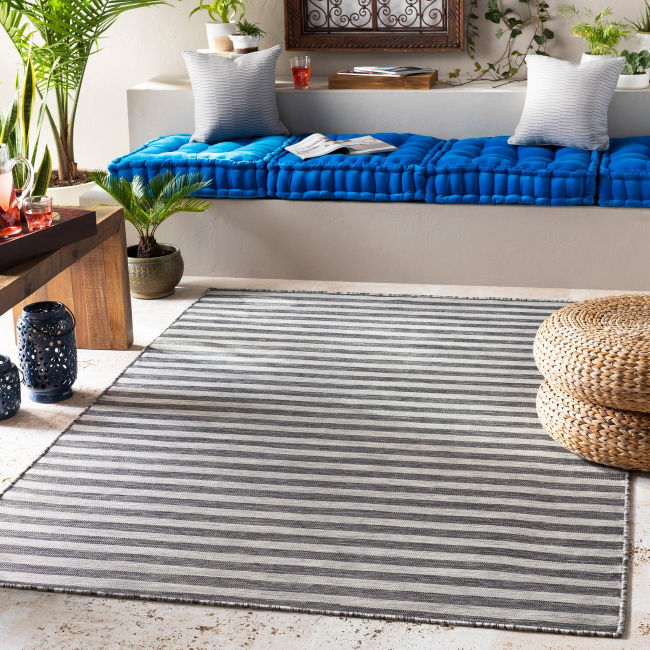 ZAKI Indoor & Outdoor Cottage Charcoal/Ivory Striped Area Rug Roomscene