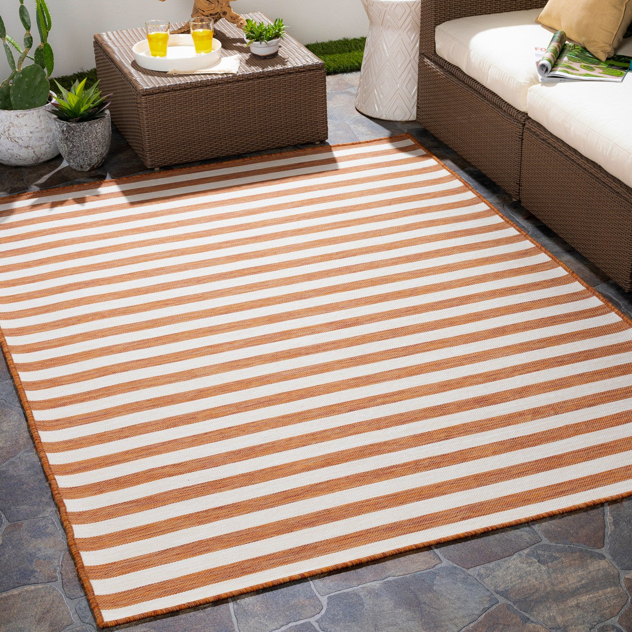 ZAKI Indoor & Outdoor Cottage Orange Striped Area Rug Roomscene