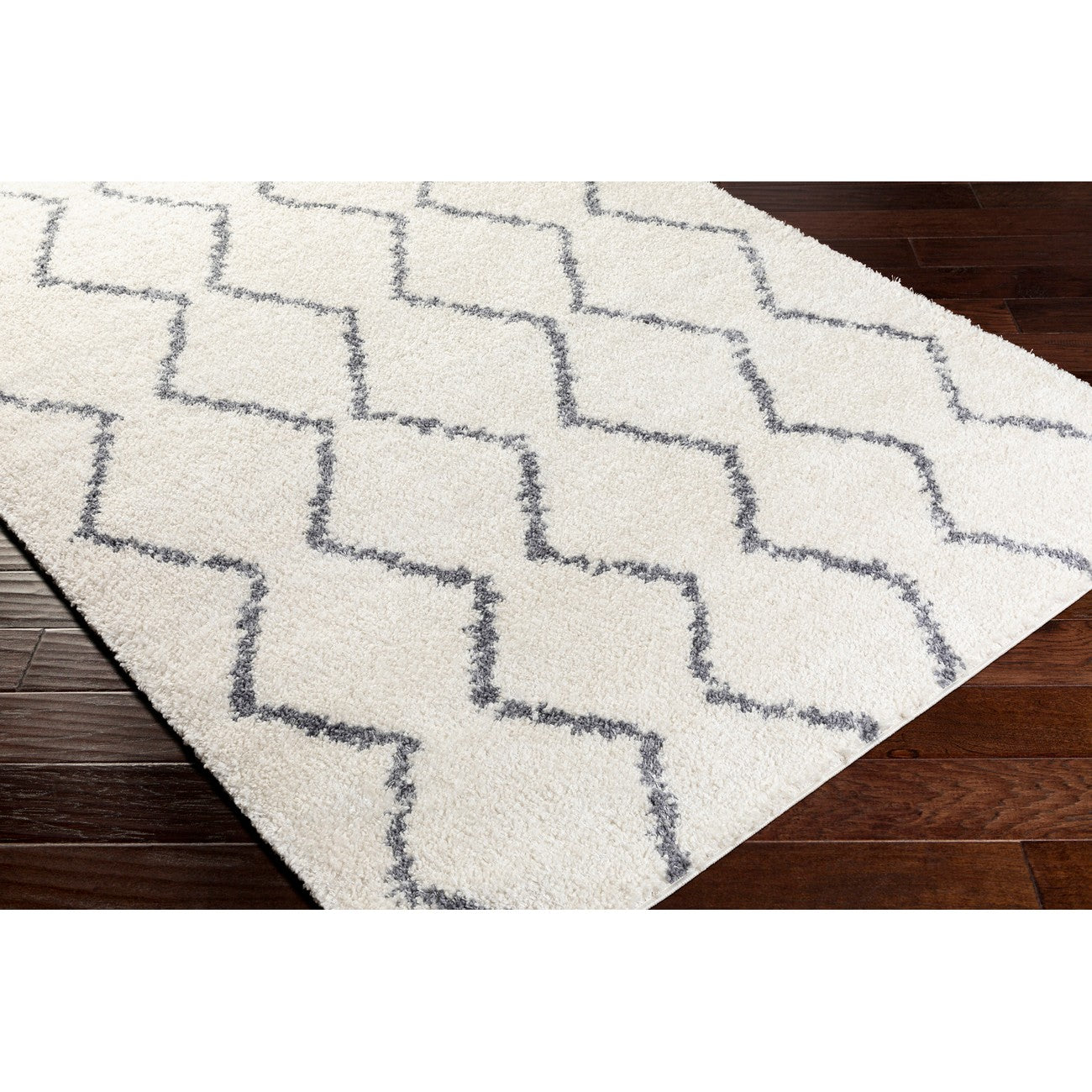 RACHEL Shaggy Geometric Plush Pile White Area Rug Corner