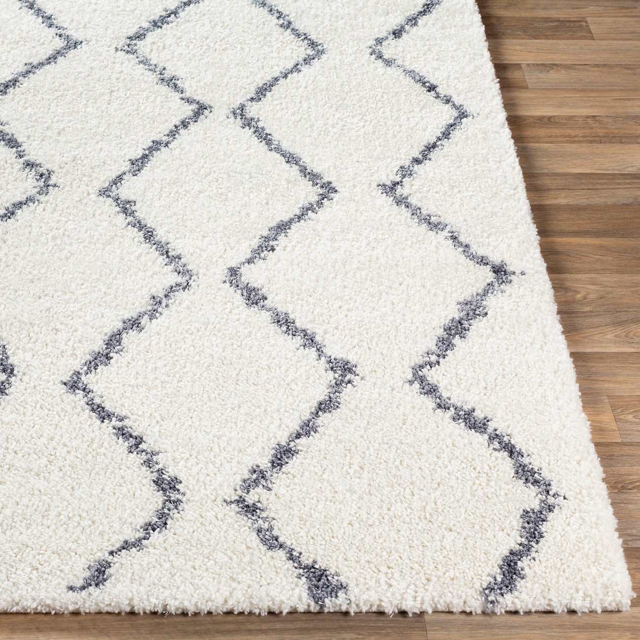 RACHEL Shaggy Geometric Plush Pile White Area Rug Front