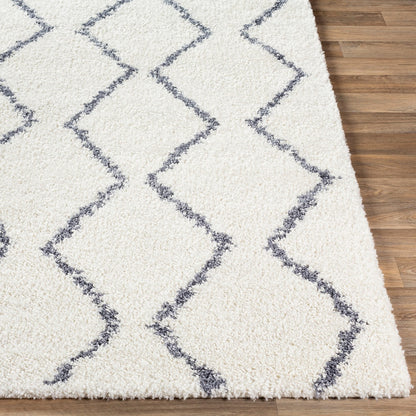 RACHEL Shaggy Geometric Plush Pile White Area Rug Front