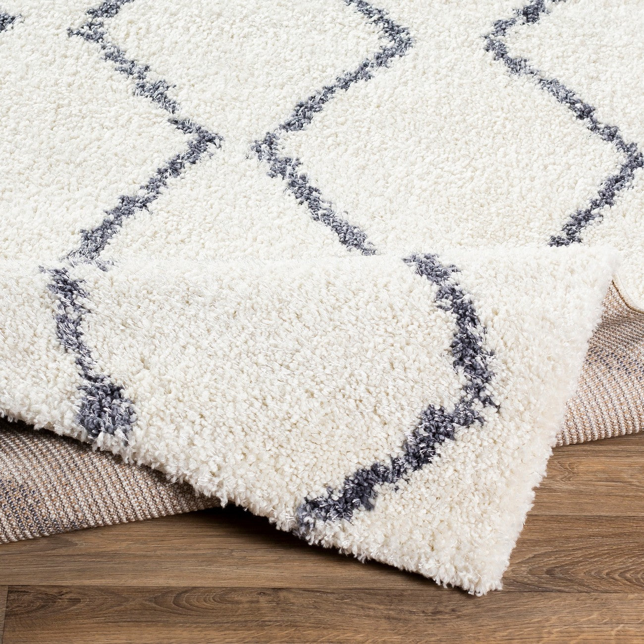 RACHEL Shaggy Geometric Plush Pile White Area Rug Fold