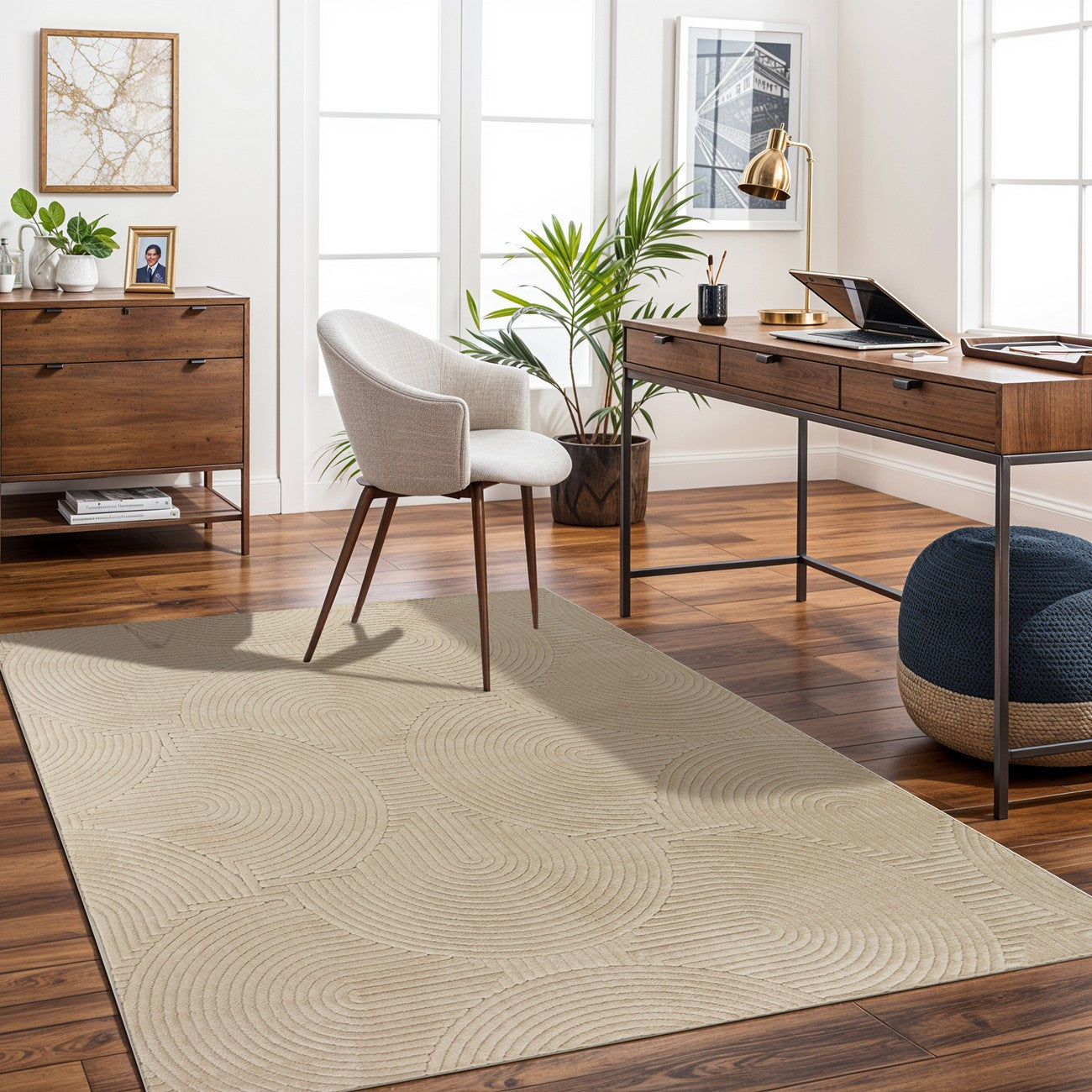 REYKO Indoor & Outdoor Scandi Modern Beige Area Rug Roomscene