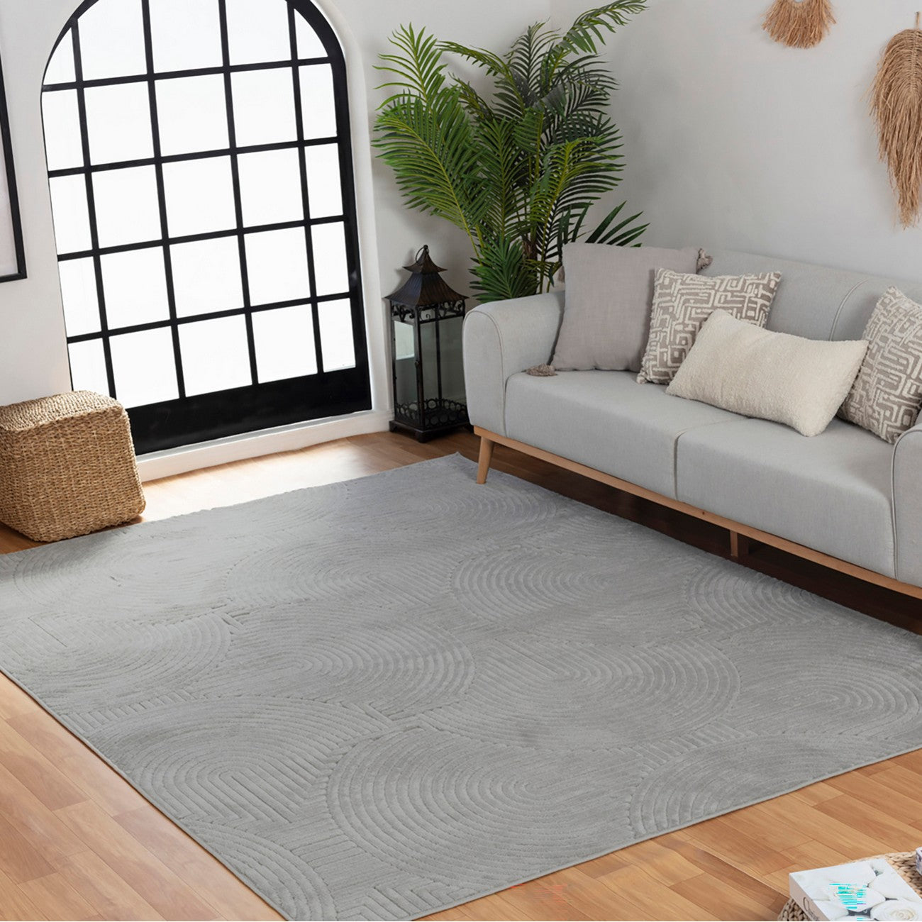 REYKO Indoor & Outdoor Scandi Modern Grey Area Rug Roomscene