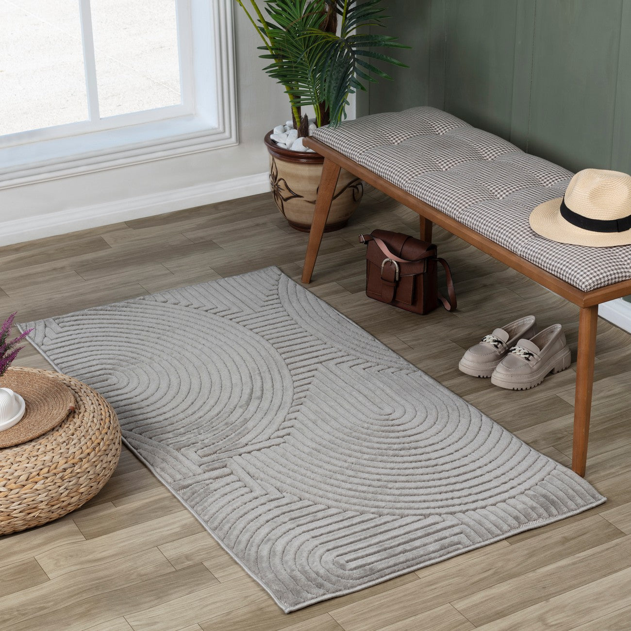 REYKO Indoor & Outdoor Scandi Modern Grey Area Rug Roomscene
