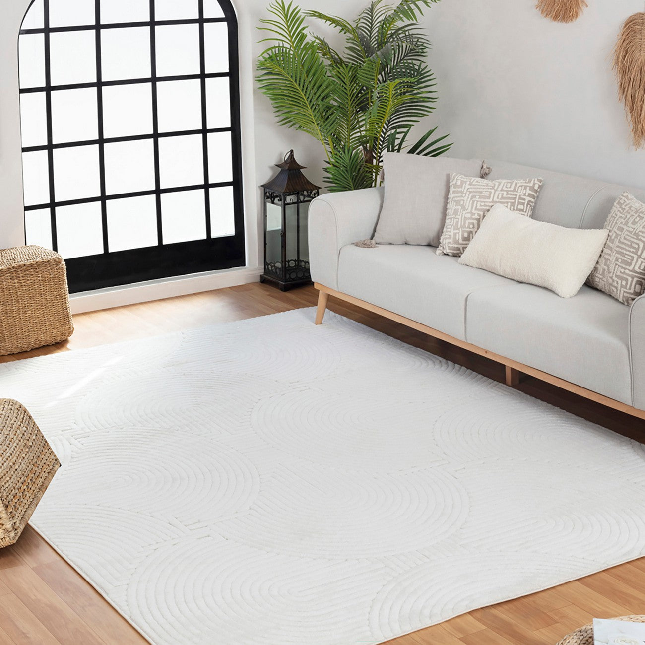 REYKO Indoor & Outdoor Scandi Modern White Area Rug Roomscene