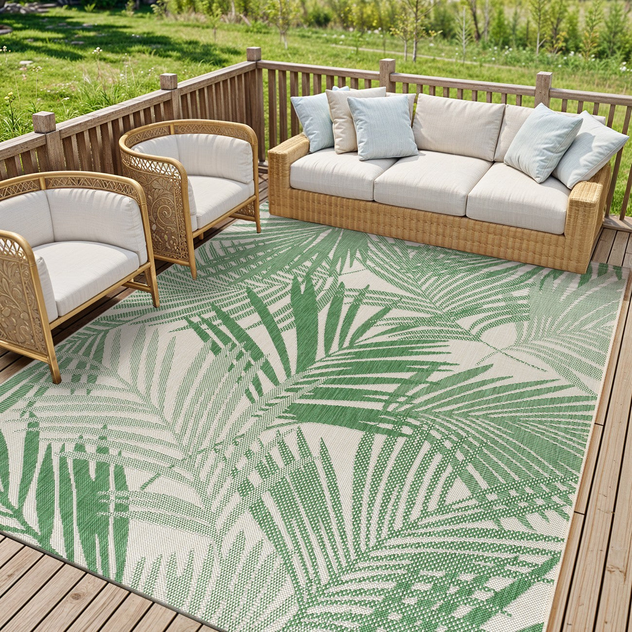 LENNIE Indoor & Outdoor Area Coastal Forest Green Area Rug Roomscene