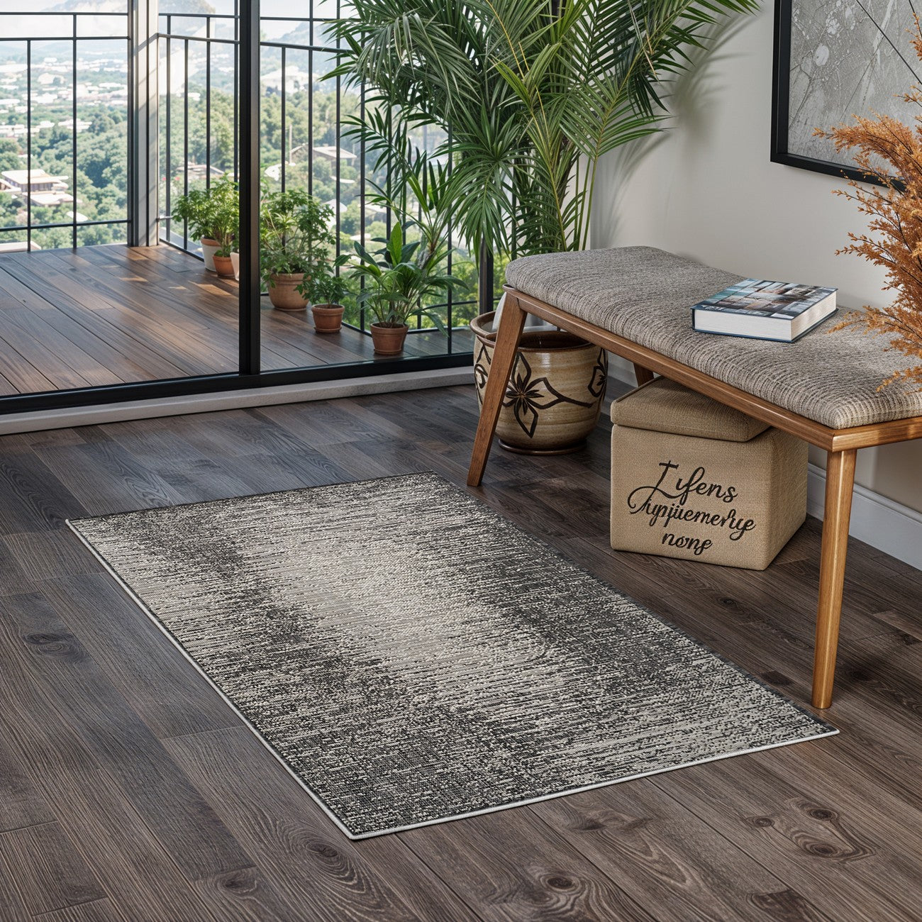 SHELBY Indoor & Outdoor Modern Black/Beige Area Rug Roomscene