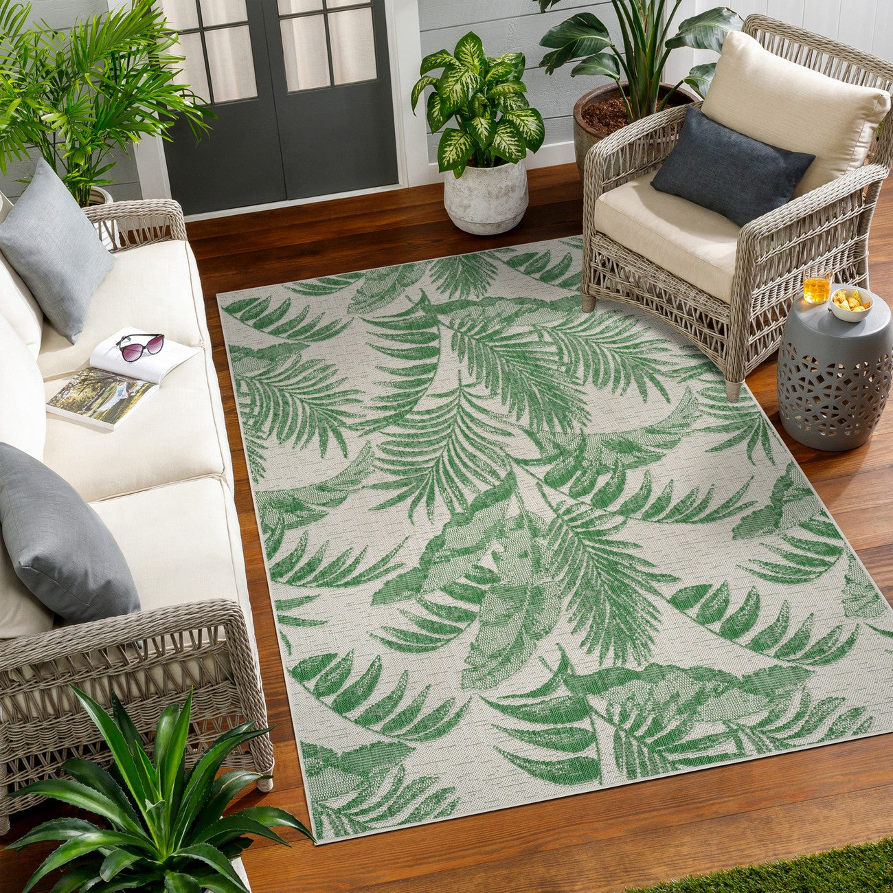 LENNIE Indoor & Outdoor Coastal Forest Green Area Rug Roomscene