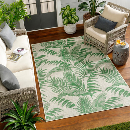 LENNIE Indoor & Outdoor Coastal Forest Green Area Rug Roomscene
