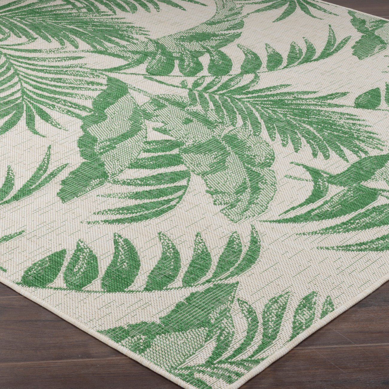 LENNIE Indoor & Outdoor Coastal Forest Green Area Rug Corner
