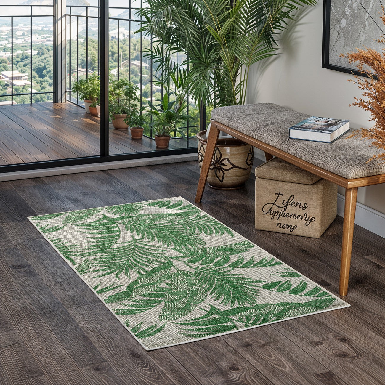 LENNIE Indoor & Outdoor Coastal Forest Green Area Rug Roomscene