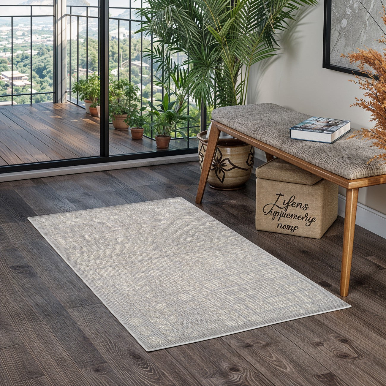 SALLY Indoor & Outdoor Modern Light Grey/Cream Area Rug Roomscene