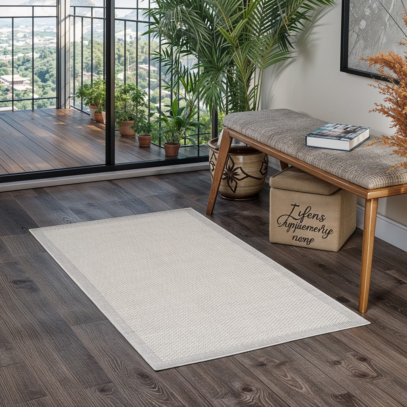 KACEY Indoor & Outdoor Modern Light Grey/Cream Area Rug Roomscene