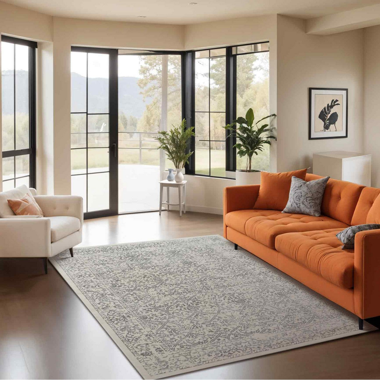 MARGAUX Vintage Traditional Oriental Boho Grey/Ivory Area Rug Roomscene