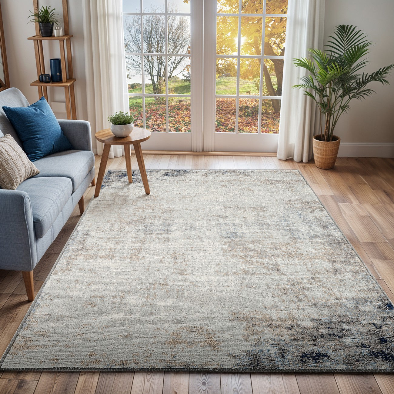 ALIX Abstract Modern Marble Blue/Ivory Area Rug Roomscene