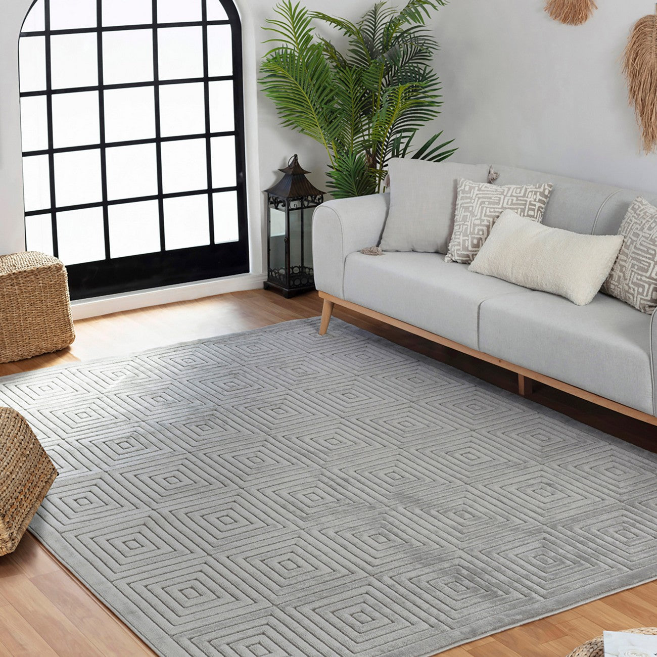 SAKURA Indoor & Outdoor Scandi Modern Grey Area Rug Roomscene