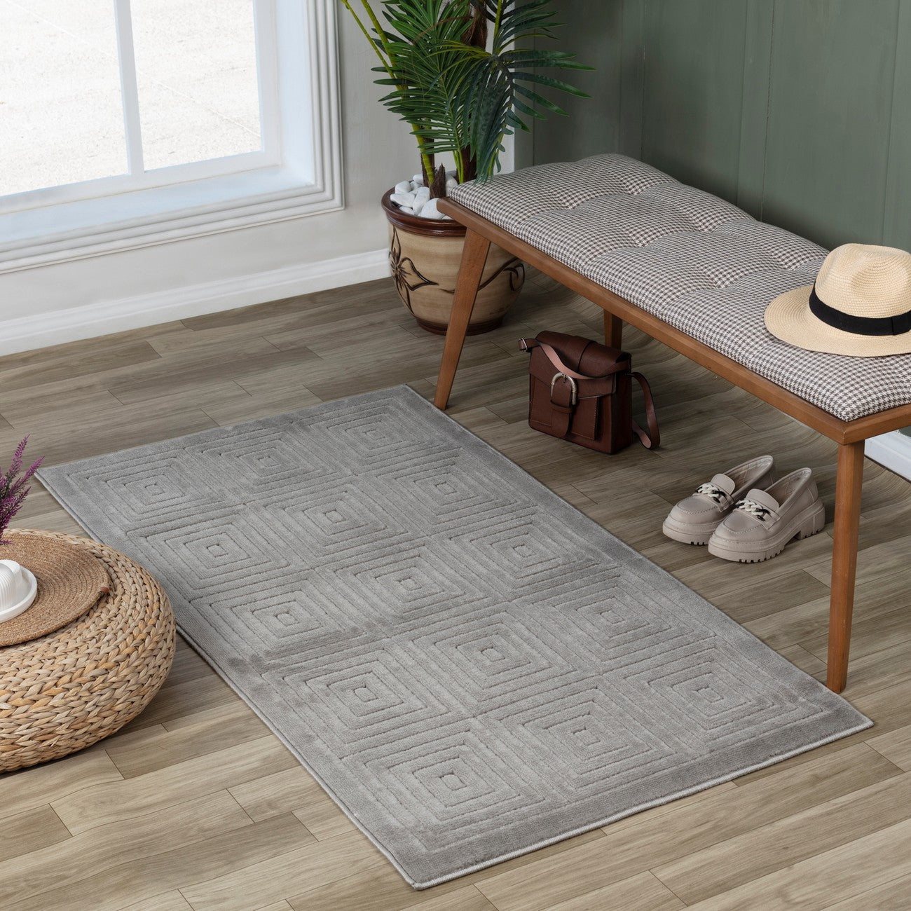 SAKURA Indoor & Outdoor Scandi Modern Grey Area Rug Roomscene