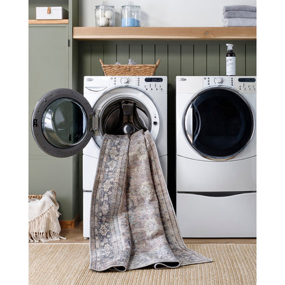 SHALINI Becki Owens x Livabliss Machine Washable Oriental Boho Light Silver Area Rug Styleshot