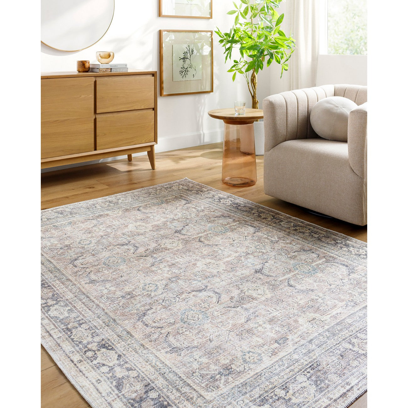 SHALINI Becki Owens x Livabliss Machine Washable Oriental Boho Light Silver Area Rug Roomscene