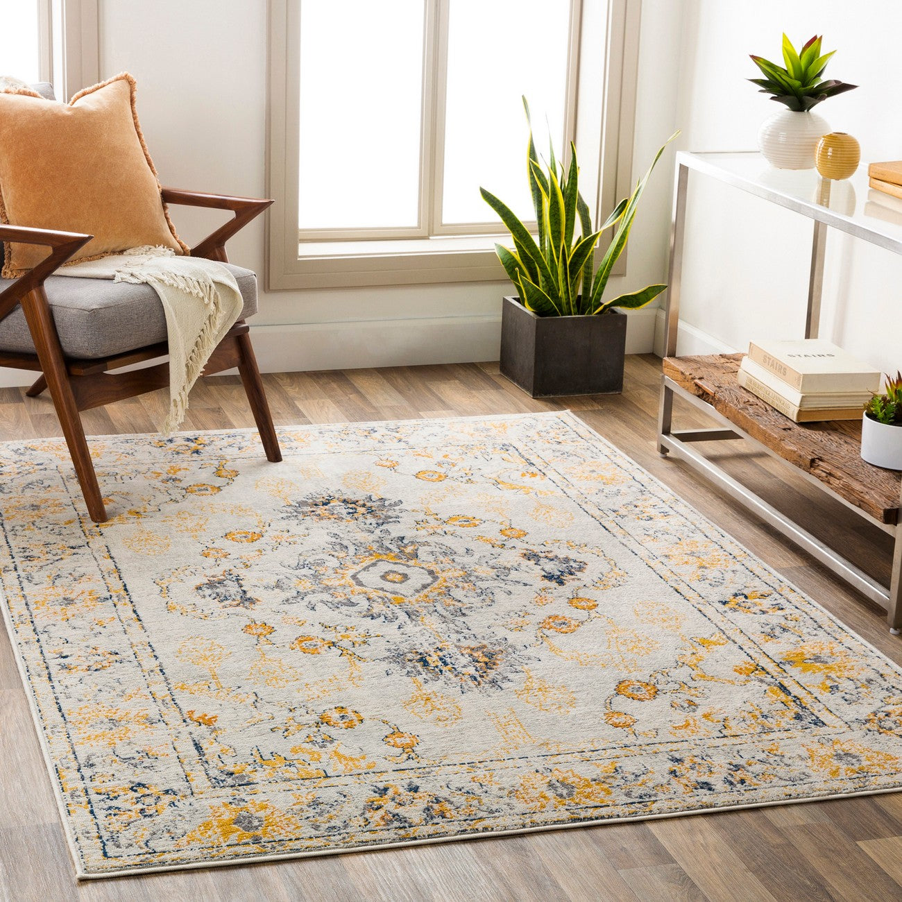 SONAM Vintage Traditional Oriental Boho Yellow Area Rug Roomscene