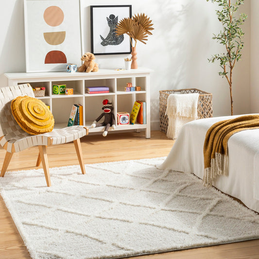 SUMAYA Shaggy Modern Plush Pile Cream Area Rug Roomscene
