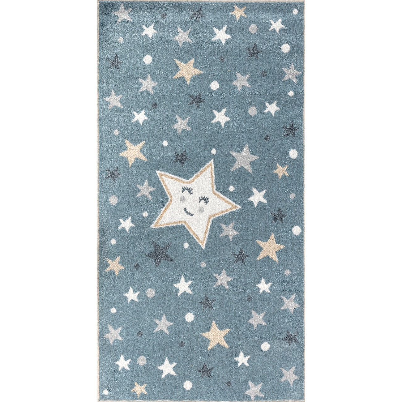 SUPERMAMA Machine Washable Blue/Beige Kids Room Rug Flat