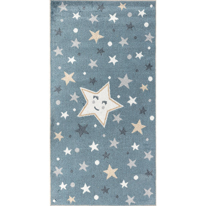 SUPERMAMA Machine Washable Blue/Beige Kids Room Rug Flat