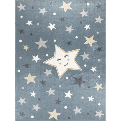 SUPERMAMA Machine Washable Blue/Beige Kids Room Rug Flat