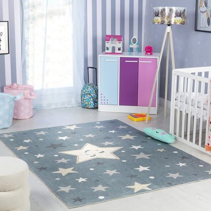 SUPERMAMA Machine Washable Blue/Beige Kids Room Rug Roomscene