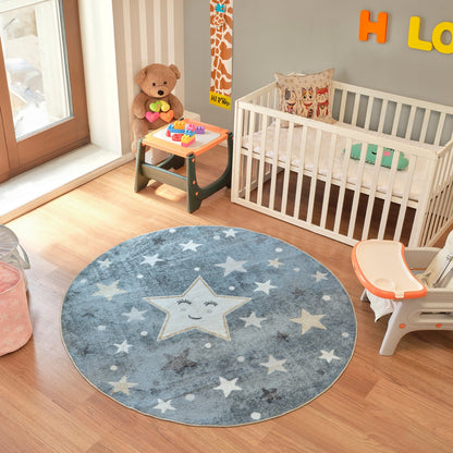 SUPERMAMA Machine Washable Blue/Beige Kids Room Rug Roomscene