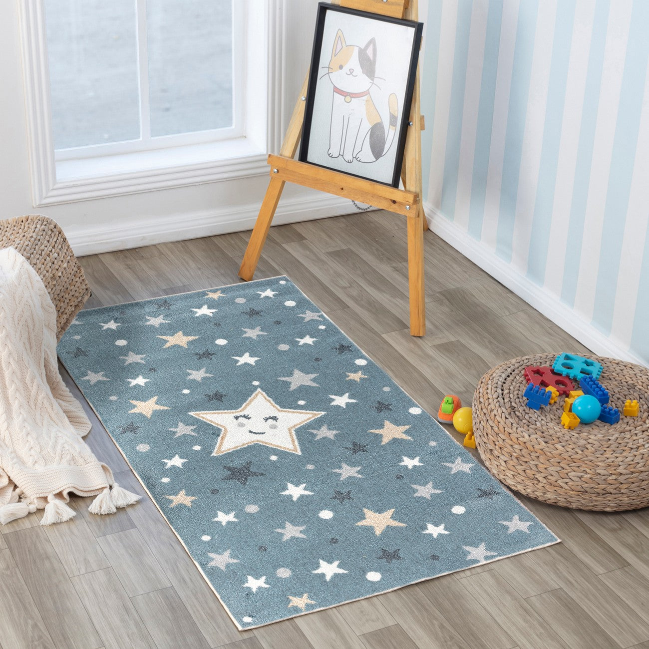SUPERMAMA Machine Washable Blue/Beige Kids Room Rug Roomscene
