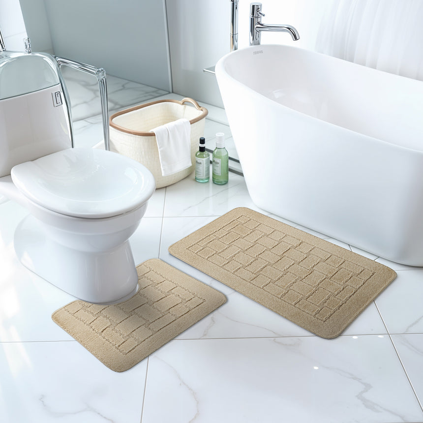 Tegan 2-Piece Machine Washable Non-Slip Light Beige Bathroom Rug Set