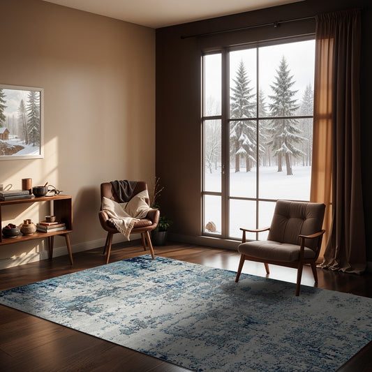 SARAH Abstract Modern Marble Navy/Aqua Area Rug Roomscene