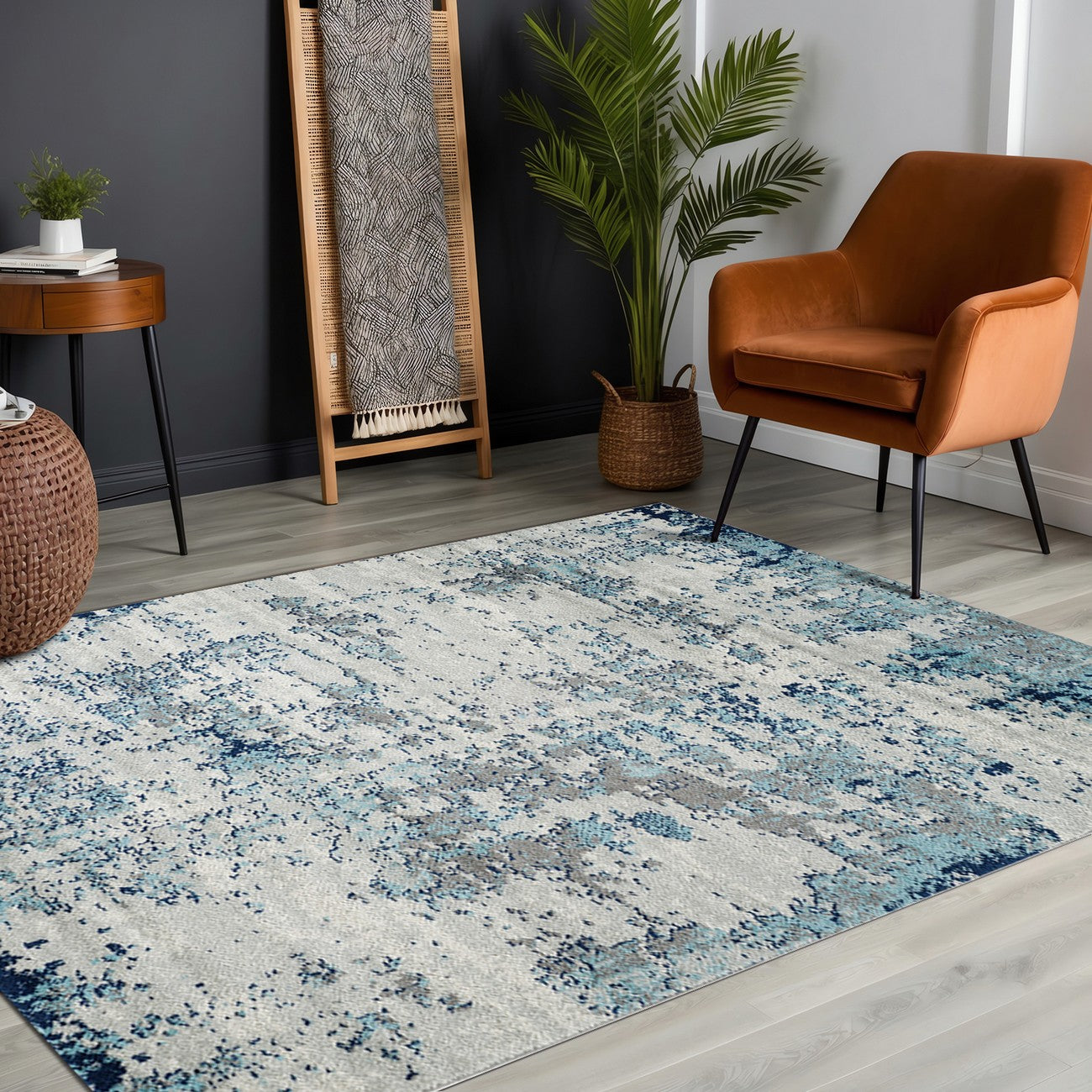 SARAH Abstract Modern Marble Navy/Aqua Area Rug Roomscene