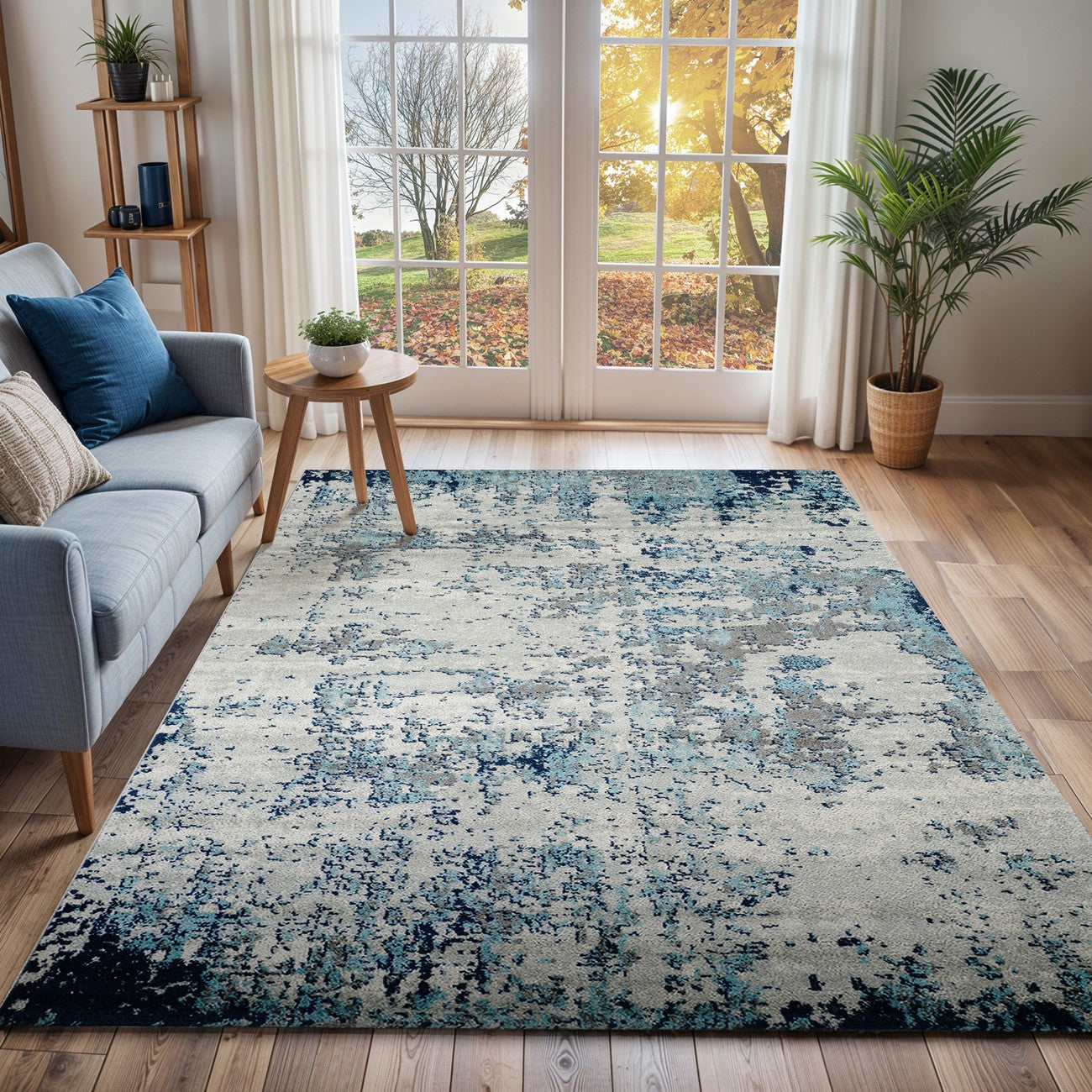 SARAH Abstract Modern Marble Navy/Aqua Area Rug Roomscene